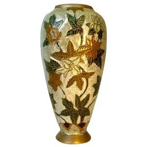 1940s Brass Cloisonne Enamel Detailed Leaves, Flowers Vase- Gold Silver Green -H